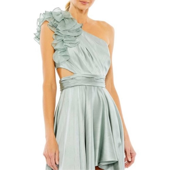 MAC DUGGAL Ruffled One Shoulder Cut Out Hi-Lo Gown in Sage Size US 8 - Picture 2 of 4
